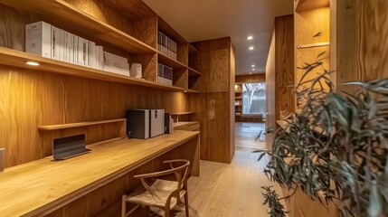 Fototapeta premium Modern minimalist home office with wooden built-in shelves and desk.
