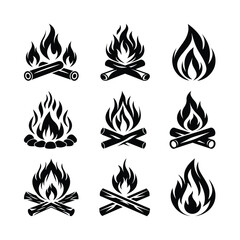 Black and white icons, campfire symbols, flame illustrations, bonfire logos, minimalist fire designs, vector