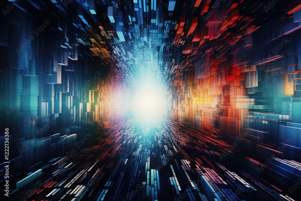Poster exploring vibrant datastreams in a dynamic cyberspace landscape, blending colors and lights to creat