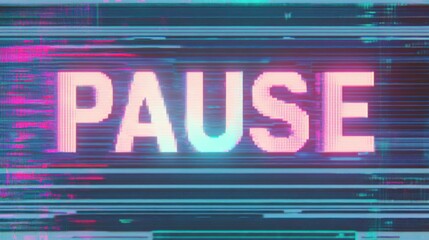 Obraz premium Retro glitch TV screen texture with distorted bold PAUSE text