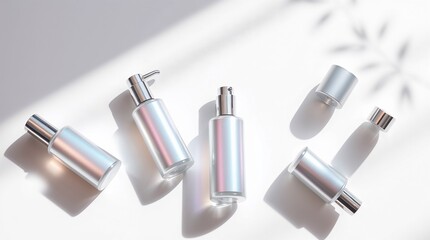 A modern flat-lay shot of shimmering skincare bottles reflecting natural light, emphasizing luxury, hydration, and skin renewal.