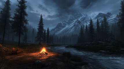 Fototapeta premium Night forest with camp, fire, river and mountains