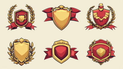 Golden game award shields, badges, level ui icons. Empty gold frames with red banners and laurel wreaths. Isolated bonus graphic elements, reward, trophy achievement and prize, Cartoon vector set