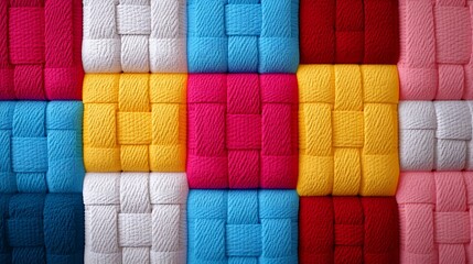 Colorful Textured Fabric Squares in a Pattern of Blue, Yellow, Red, and Pink with Intricate Weaving Design