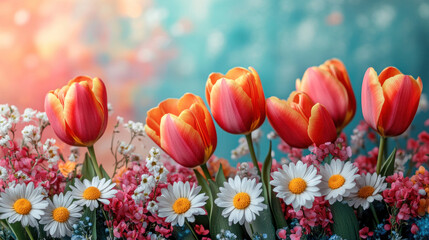 A cheerful springtime sale banner featuring a bright bouquet of tulips and daisies, with a colorful text overlay on a soft gradient background