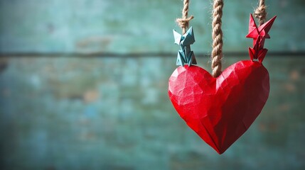 Cute and abstract valentine design featuring a red heart shaped decoration hanging on a rope with origami figures conveying a romantic vibe for a February 14 celebration