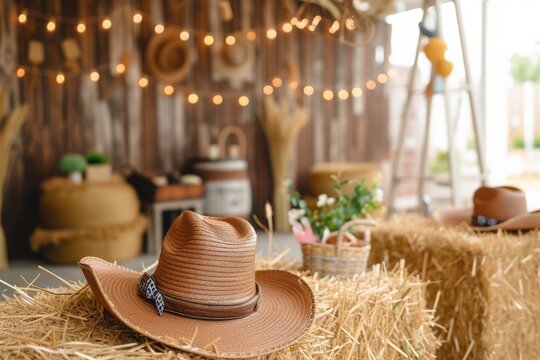 A Wild West themed birthday party with cowboy hats, straw bales, and rustic decorations set up for a fun celebration in a cozy outdoor space during the afternoon