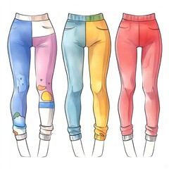 Three pairs of women's leggings in different colors and patterns.