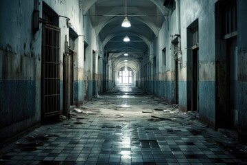 Obraz premium Exploring an old abandoned hospital with faded walls and a long corridor leading to light at the end on a quiet day, revealing the passage of time and decay in a forgotten place