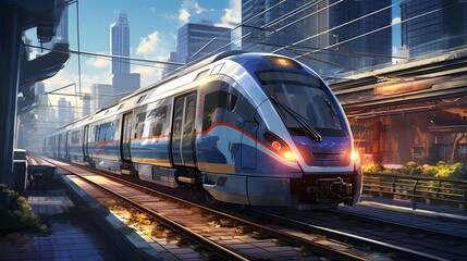 Naklejka premium High Tech Electric Train Arriving at Bustling City Station with Towering Skyscrapers in the Background Showcasing Modern Urban Transportation and Infrastructure