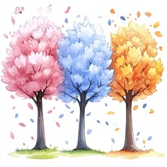 Three trees in pink, blue, and orange colors representing the seasons.