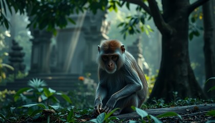 Fototapeta premium A Grey And Brown Monkey Sits Calmly In A Lush Green Tropical Forest Near Ancient Stone Statues
