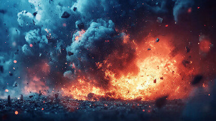 fire particles, smoke, and sparks symbolizing aftermath of a catastrophe, bomb explosion, or military operation, chaotic scene with noise and debris, empty design space