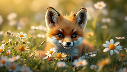 Fototapeta premium Adorable Red Fox Kit Among Daisies in a Sunny Meadow