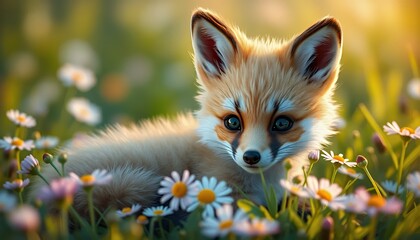 Fototapeta premium Adorable Red Fox Kit Among Daisies in a Sunlit Meadow