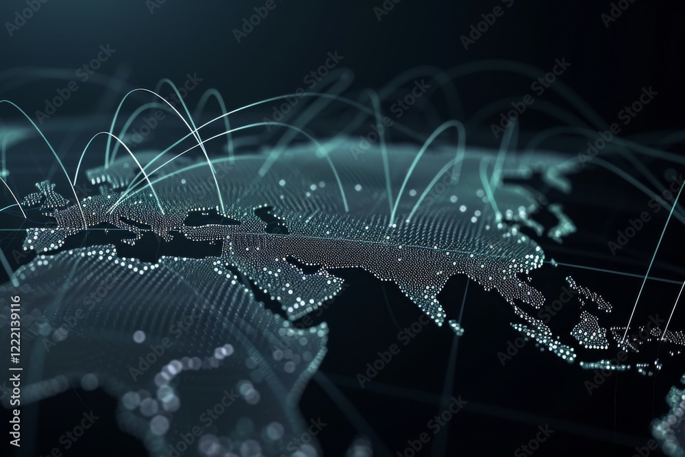 Poster an abstract representation of global networks showcasing points and lines on a dark background, symb
