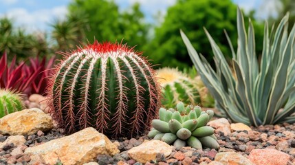 Water conservation gardening idea. A vibrant collection of cacti and succulents in a beautifully landscaped garden.