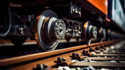 Naklejka premium Detailed Close up Shot of Electric Train Wheels Traveling along Metal Railway Tracks Showcasing the Machinery and Infrastructure of Modern Rail Transportation Systems