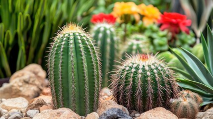 Water conservation gardening idea. Vibrant cacti surrounded by lush greenery and colorful flowers in a garden setting.