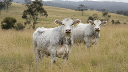 Fototapeta premium Close up of Stud Beef bulls, cows and calves grazing on grass in a field, in Australia. breeds of cattle include speckle park, murray grey, angus, brangus and wagyu on pasture in spring and summer.