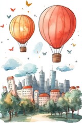 Obraz premium Two red and yellow hot air balloons floating above a cityscape with butterflies.