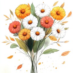 Watercolor bouquet of white, orange, and yellow daisies with green leaves and fall foliage.