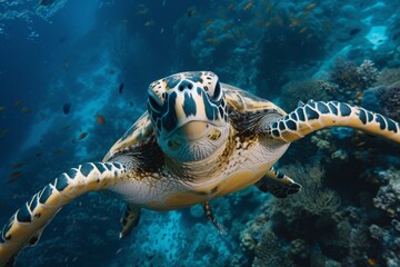 Fototapeta premium Hawksbill turtle gracefully swimming through the deep sea showcasing its vibrant shell and intricate patterns in a coral-rich environment