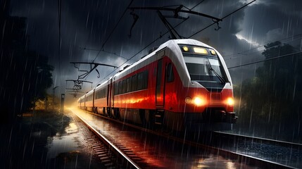 Fototapeta premium Electric train rapidly moving through a rain soaked landscape with dark clouds and stormy weather conditions in the background The train is rushing through the urban environment
