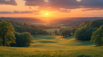 Obraz premium A summer sunset casting long shadows across a rolling countryside