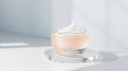 Minimalist Hydrating Cream Jar on White Platform for Spring Skincare