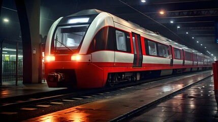 Naklejka premium Sleek Electric Metro Train Swiftly Entering Futuristic Underground Station Efficiently Transporting Passengers Through Modern Urban Transit Network