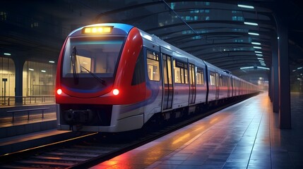 Naklejka premium Electric powered Metro Train Entering an Underground Urban Subway Station with Passengers Boarding and Exiting on the Platform
