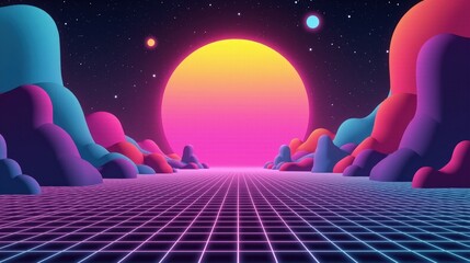  An 80s-inspired design featuring bold geometric shapes, vivid neon gradients, and a soft glowing grid fading into the horizon.