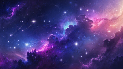 Fototapeta premium Vibrant cosmic artwork depicting a nebula with swirling purple, pink, and blue clouds, speckled with bright stars against a dark night sky. Celestial beauty.