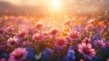 Fototapeta premium A sun shower over a meadow filled with wildflowers, creating a magical glowing effect