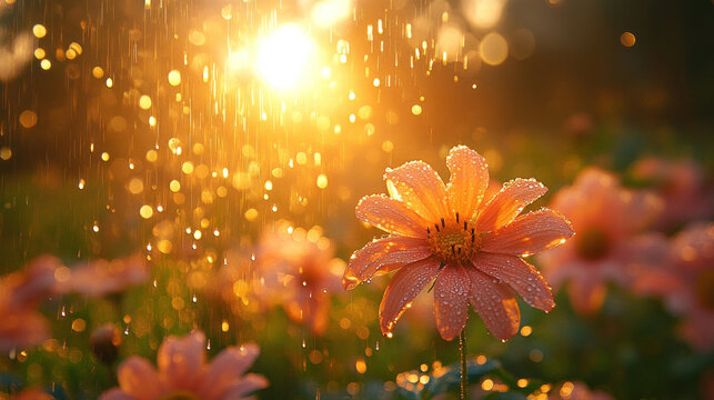 A sun shower with golden sunlight filtering through raindrops over a blooming meadow