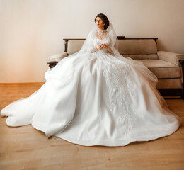 woman in a wedding dress sitting on the sofa. The dress is white with a long fluffy skirt and...