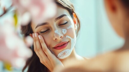 Woman Applying Face Exfoliating Mask in Gentle Light