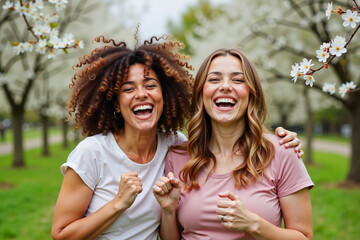 Fototapeta premium Sisters joyfully posing together in a blooming park, celebrating diversity