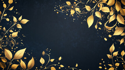 Tropical gold leaves on dark black background vector. Botanical exotic horizontal design with golden tropic jungle creeper plant stem and paint smear. Wedding ceremony invitation card, holiday sale