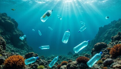 Fototapeta premium Plastic Bottles Floating in Ocean Under Sunlight with Coral Reefs for Concept World Water Day 