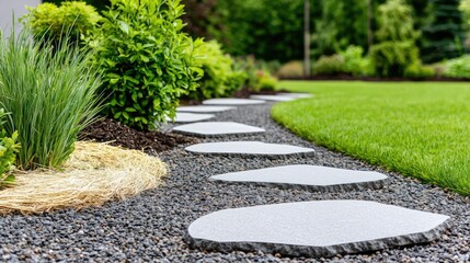 Obraz premium Gardening landscaping idea. A scenic garden path lined with stones, grass, and vibrant greenery.