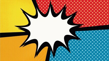 Fototapeta premium A vibrant comic-inspired abstract design with speech bubbles, bold outlines, and primary colors blending into dotted halftone patterns.