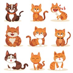Fototapeta premium Nine cute cartoon cats posing; happy, playful expressions; white background; for pet-related designs