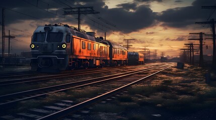 Obraz premium Sleek electric freight train swiftly transporting cargo through a vibrant industrialized urban landscape with towering buildings and infrastructure