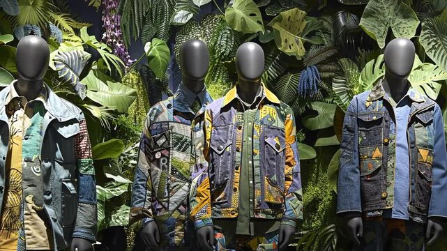 Stylish patchwork denim jackets displayed on mannequins against a lush tropical backdrop.