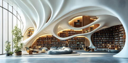 Modern library with LED-lit curved ceiling, white walls, and blue carpet