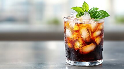 Iced coffee drink with mint, refreshing summer beverage on a table