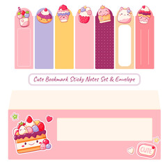 Vector Bookmark Sticky Notes Set and Envelope. Kawaii Adhesive Tags collection for children. Cartoon sticky note element with cute dessert in kawaii style for reminders, planning, nursery organization