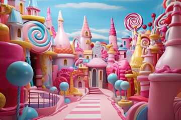 A whimsical candy land bursting with vibrant colors and oversized sweets showcases delightful architecture, candy-themed structures, and a fun pathway under a bright blue sky